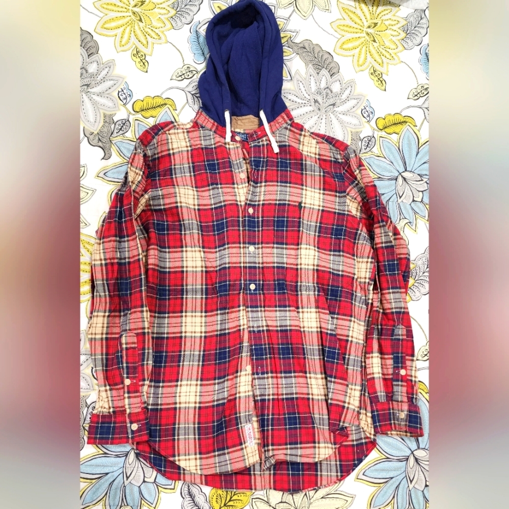 Ralph Lauren Polo Flannel Hoodie Button-Up Shirt sz L